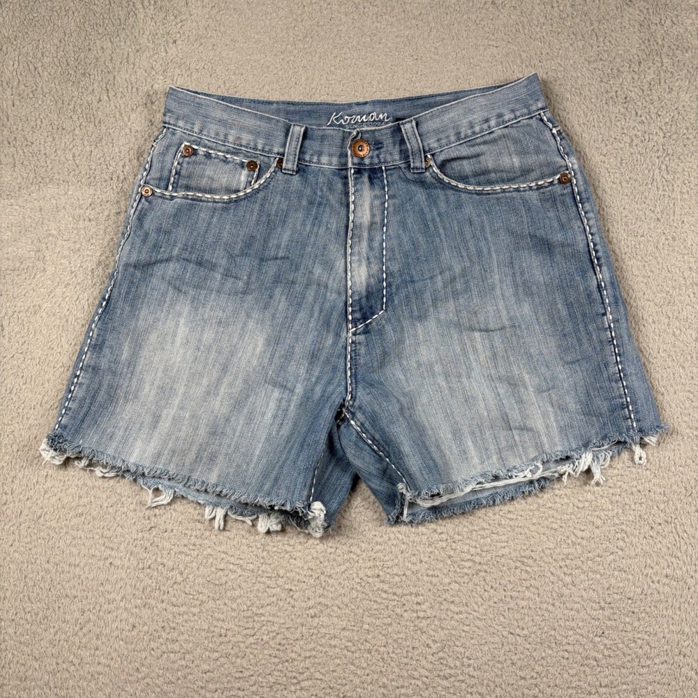 Koman Men's 34 Denim Shorts Light Wash Contrast Thick Stitch‎ Raw Hem Y2K Grunge